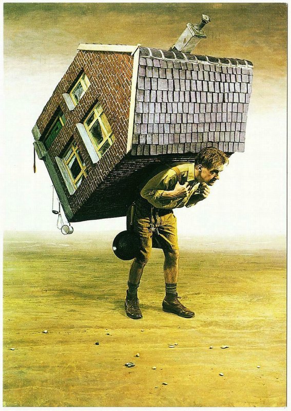 Man Carrying House on His Back Big Mortgage by Teun Hocks Surreal Art Postcard