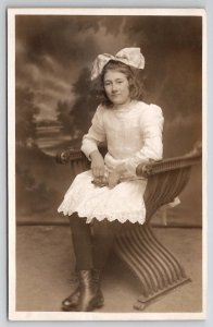 RPPC Pretty Young Lady Large White Hair Bow Atlantic City Studio Postcard G27