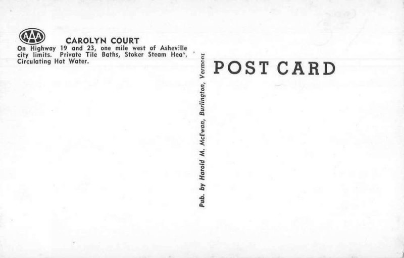 Asheville North Carolina Carolyn Court Vintage Postcard JI657959