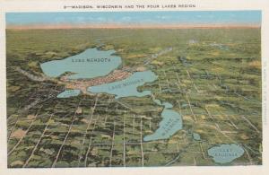 Aerial View of Four Lakes Region and Madison WI, Wisconsin - Linen