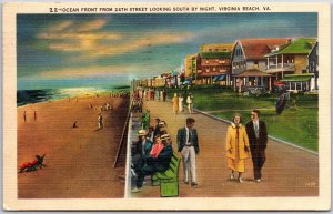 1940's Oceanfront Looking South By Night Virginia Beach Virginia Posted Postcard