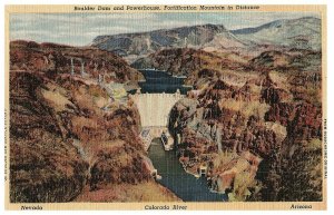 Boulder Dam & Powerhouse Fortification Mountain Colorado River Postcard