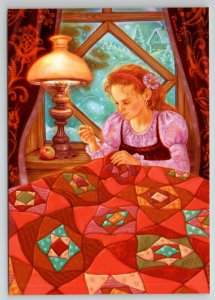 PRETTY GIRL SEW Patchwork quilt Sewing Workshop Window Snow Russian New Postcard