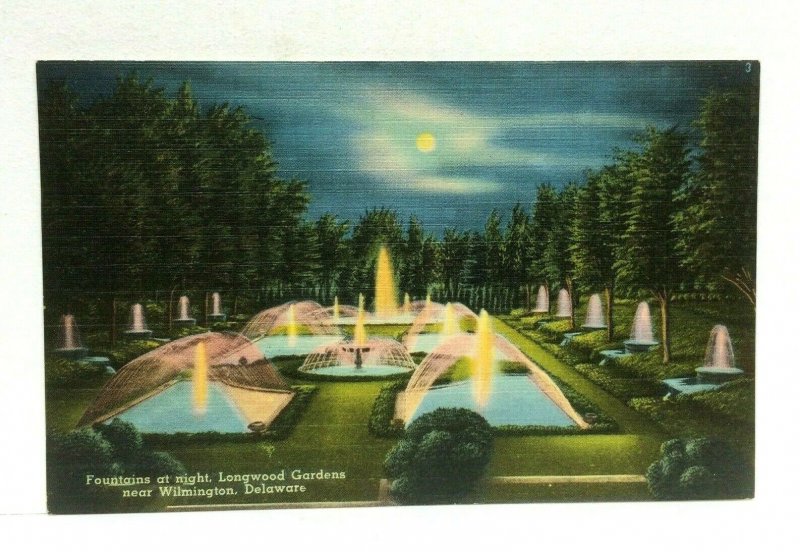 Wilmington Delaware Longwood Gardens Fountain Night View Linen Vintage Postcard