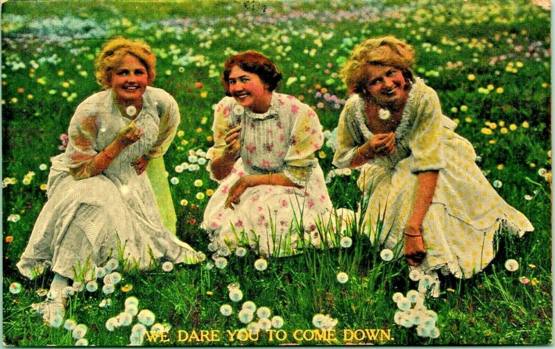 Three Women In White Field of Dandilions Dare You to Come Down 1914 DB Postcard