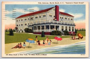 Vintage Postcard 1958 Villa Ambrose Ocean Beach Sunbathing Myrtle Beach S.C.