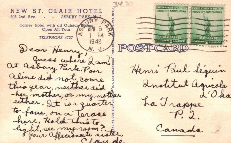 Vintage Postcard 1942 New St. Clair Hotel One Block Beach Asbury Park New Jersey