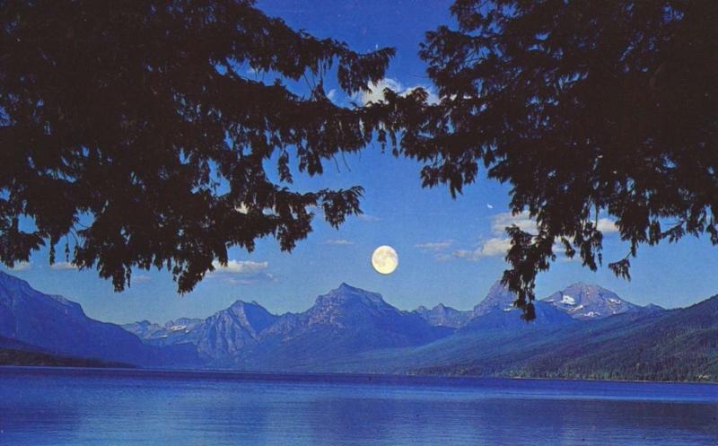 Moon Over Lake McDonald Glacier National Park Montana MT Postcard E12