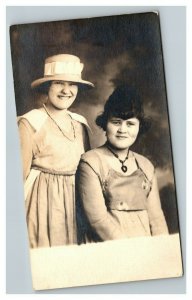 Vintage 1920's RPPC Postcard - Studio Portrait Two Sisters Funny Hair Bucket Hat