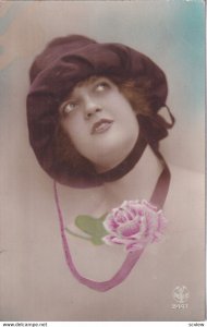 RP: Portrait of woman wearing velvet hat, Pink Rose, 1900-10s