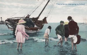 Fishing Boat Ship Boarding This Is Better Than Going To School Antique Postcard