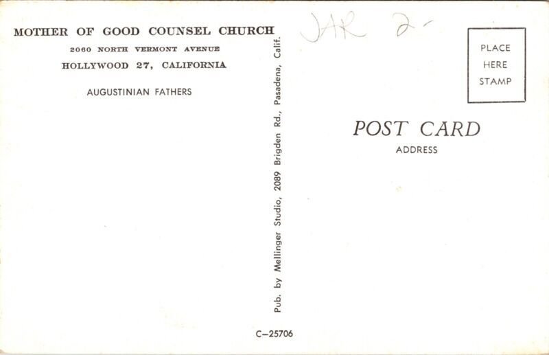 Mother Good Councel Church Hollywood California CA Palms Old Car Postcard UNP