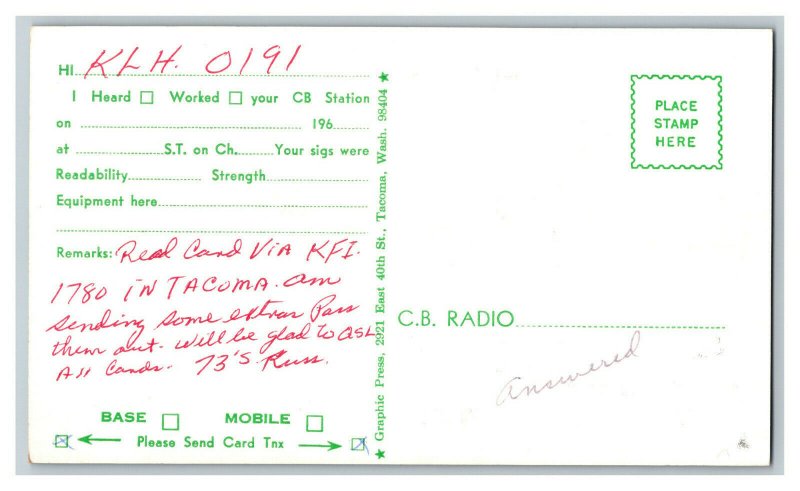 QSL Radio Card From Puyallup Washington KLD1395 