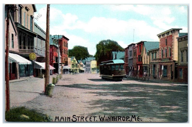 Early 1900s Main Street w/ Trolley, Winthrop, Maine Postcard