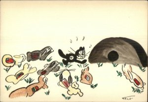 WWII Anti Germany Nazi Propaganda Dipinta A Mano Rabbits Chase Cat Postcard