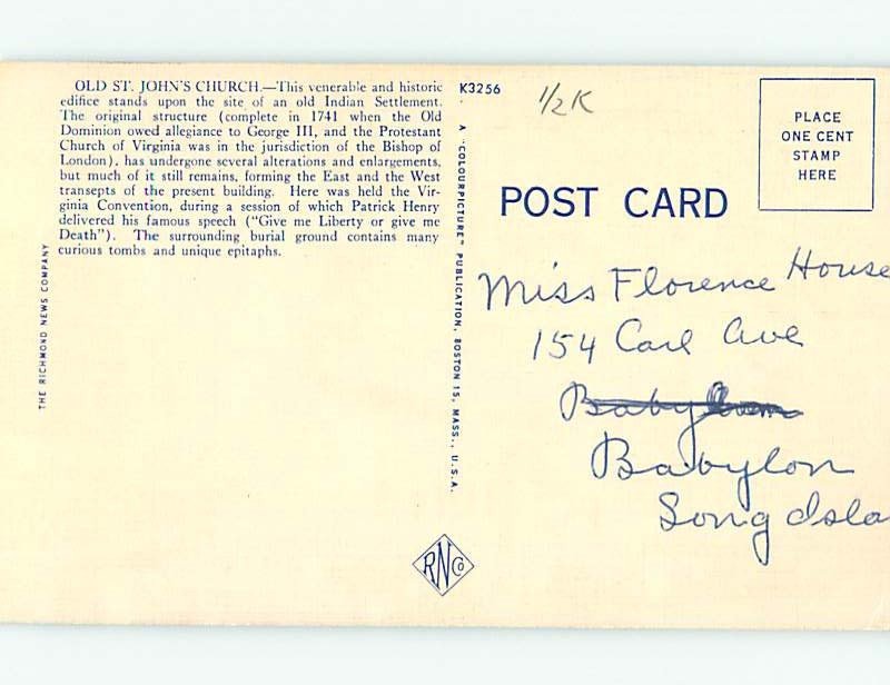 Linen CHURCH SCENE Richmond Virginia VA AD1824