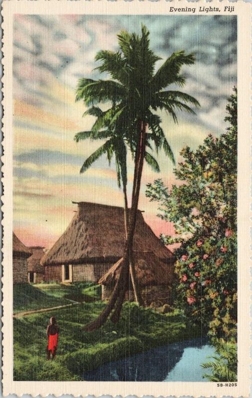 Evening Lights Fiji Palm Trees Hut Person Red UNUSED Vintage Linen Postcard D99