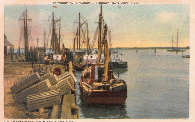 Wharf Scene, Nantucket Island, Massachusetts, Early Postcard, Unused