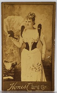 Honest Long Cut Tobacco Advertising Victorian Woman Fancy Fan Trade Card TB2