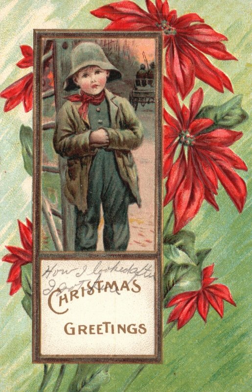 Vintage Postcard 1910's Christmas Greetings Little Boy Holiday Spirit Season