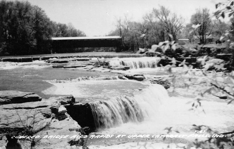 Spencer IN Upper Cataract Falls Covered Bridge Over Mill Creek~Rapids~RPPC 1950s 