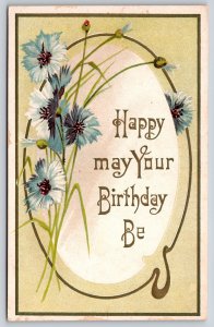 Happy May Your Birthday Be~Blue Flowers In Oval Frame~Embossed~Vintage Postcard