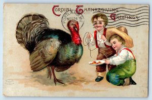 Thanksgiving Greetings Turkey Boys Clapsaddle Embossed Worcester MA Postcard
