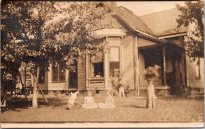 Real Photo PC Two Girls in Front Yard of House Fairview Farms Fairfield Illinois