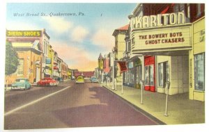 VINTAGE POSTCARD WEST BROAD STREET QUAKERTOWN PA KARLTON THEATER SIEHN SHOES