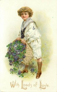 Embossed Tuck Valentine Postcard Brundage Blond Boy in Sailor Suit Loads of Love