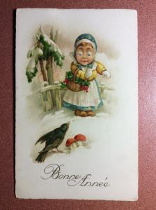 Old New Year unused postcard 1900s girl huge eyes clover harmful bird berrie