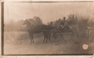 VINTAGE POSTCARD MAN AND TWO CHILDREN ON HORSE-DRAWN CART c. 1910