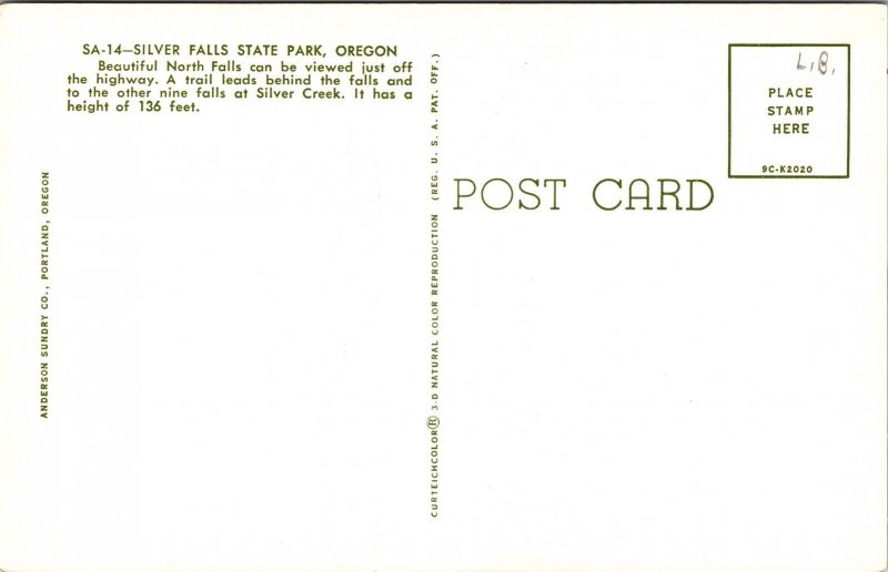 North Falls Silver Falls State Park Oregon OR Postcard VTG UNP Curteich Vintage  