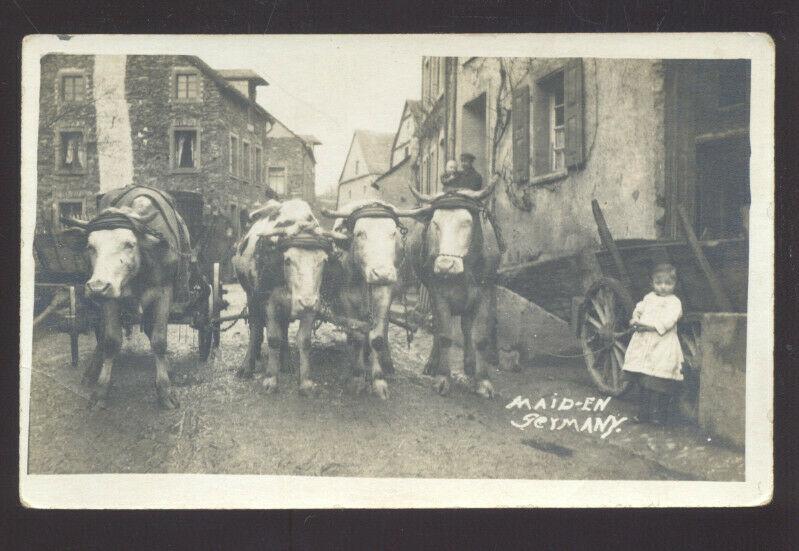 RPPC WWI 1919 LIESER GERMANY STREET SCENE OXEN DRAWN WAGON PHOTO POSTCARD