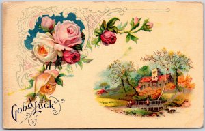 Good Luck, 1911 Blooming Roses And Countryside Village Scene, Vintage Postcard