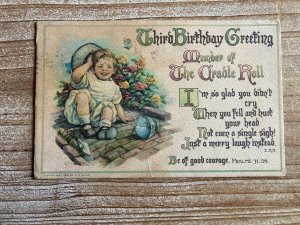 Third Birthday Greeting, Little Boy Takes a Tumble Cradle Roll, Antique Postcard