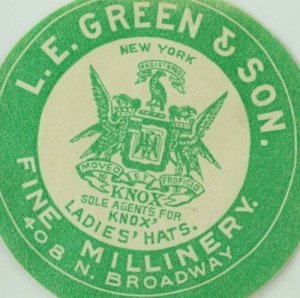 1880's-90's L.E. Green & Son Ladies Hats, St. Louis Trade Card Sticker F93 