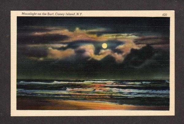 NY Coney Island Moonlight View New York Postcard Linen PC