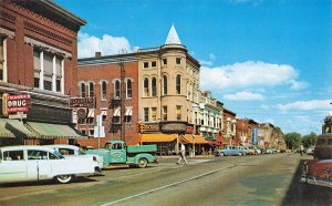 Columbia City IN Looking East Drug Store Old Cars Truck, Postcard