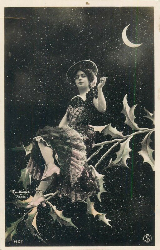 Fairy Lady Cigarette Moon Hand Tinted RP fantasy surrealism France Reutlinger