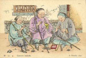 china, Friendly Chat Smoking (1930s) Chefoo, Hand Coloured Mission Postcard (35)