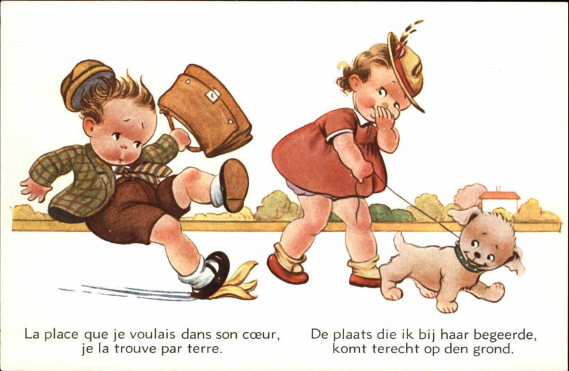 French Comic Giggling Little Girl Walking Dog Boy Trips Vintage Postcard
