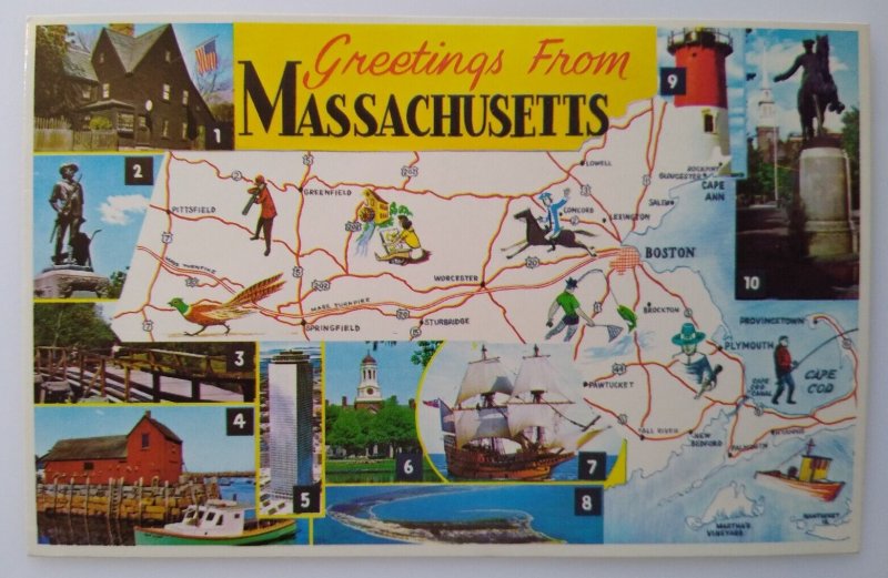 Greetings From Massachusetts Map Chrome Postcard Pirate Ship Boats Lighthouse