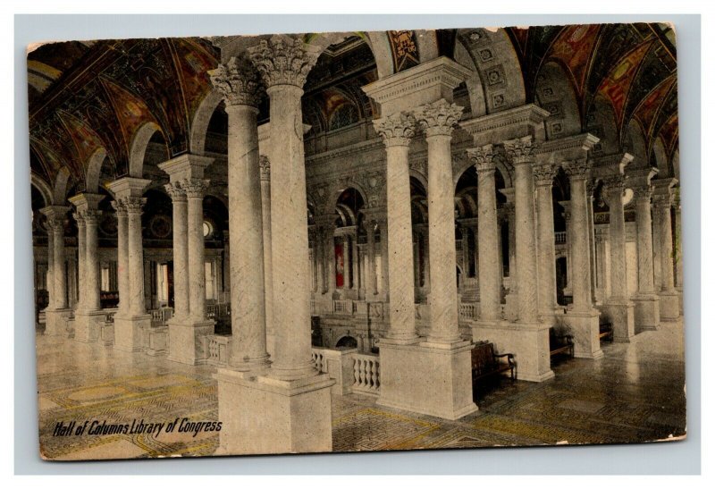 Vintage 1910's Postcard Hall of Columns in the Library of Congress Washington DC