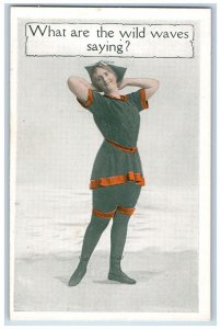 c1910's Girl At The Beach What Are Wild Waves Saying Unposted Antique Postcard 