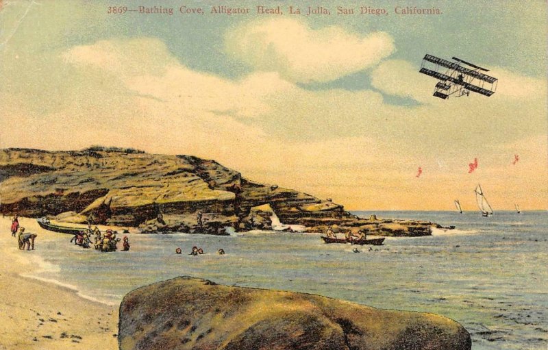 Bathing Cove Alligator Head LA JOLLA San Diego, CA Biplane 1919 Vintage Postcard