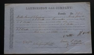 Tasmania, Launceston Gas Co. Ltd.£1 share certificate dated 1869 black on blue