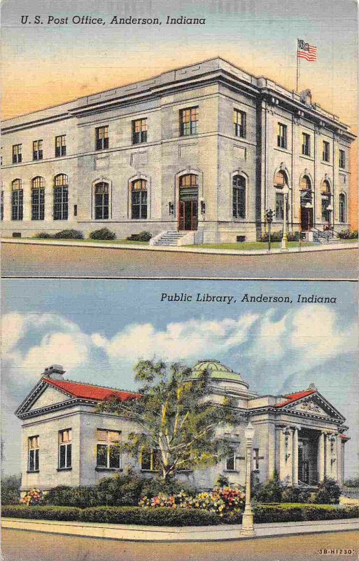 Post Office Pu blic Library Anderson Indiana linen postcard