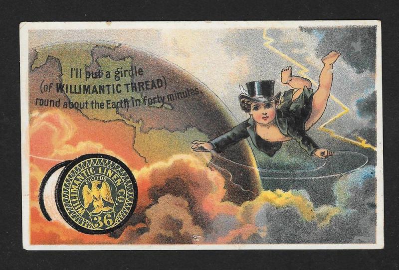 VICTORIAN TRADE CARD Willimantic Thread Cupid & World