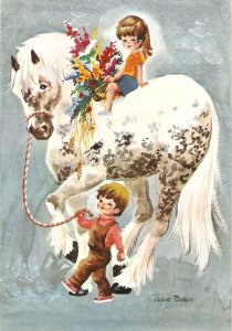 Children riding a horse, by Julio Bosch Nice modern Spanish postcard